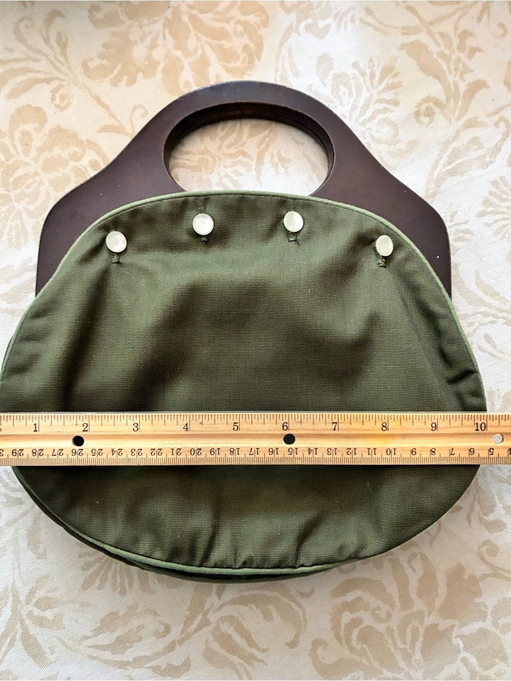 Bermuda Bag Purse Olive Green Cotton Cover 4 Button Wood Handles Vintage - Picture 2 of 7